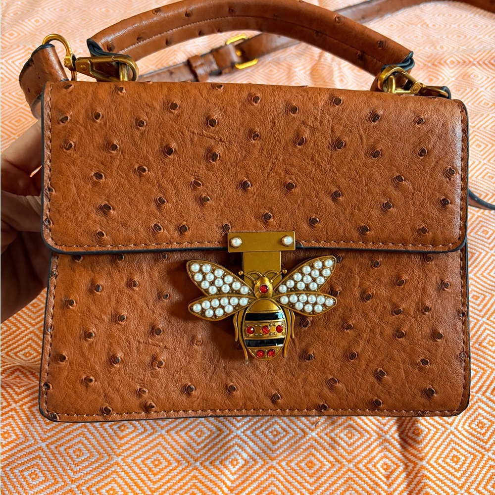 Brown Leather Handbag with Bee Accent